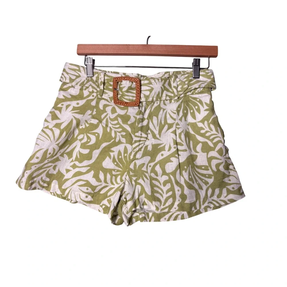 Rachel Zoe Belted Shorts S Green White Linen Tropical Rattan Coastal Boho